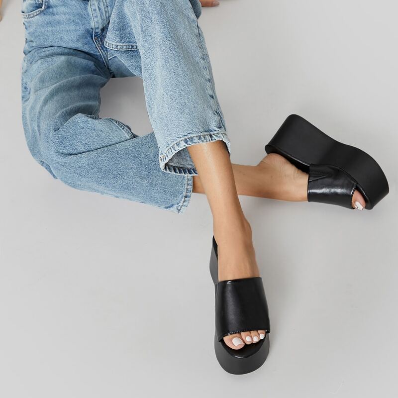 

Faux Leather Platform Slip On Sandals, Black