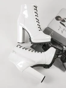 SHUZIA Women's Lace Up Chuncky Heeled Double Platform Lug Sole Shoe Booties Summer Shoes Spring Shoes Spring Break Easter - White - View 2