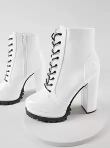 SHUZIA Women's Lace Up Chuncky Heeled Double Platform Lug Sole Shoe Booties Summer Shoes Spring Shoes Spring Break Easter - White - View 4