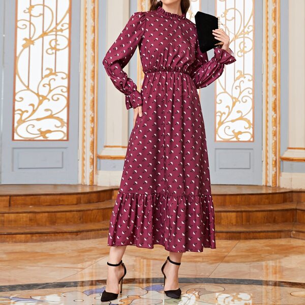 

с оборками Принт Элегантный Арабская одежда, Розово-красный