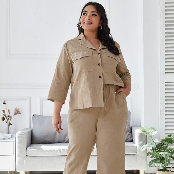 

Plus Lapel Flap Pocket Button Front Pajama Set, Khaki
