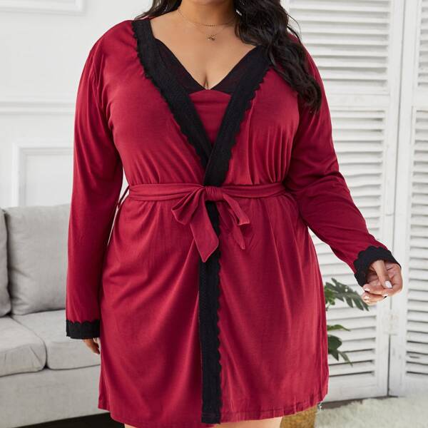 

Plus 2pcs Contrast Lace Cami Night Dress & Belted Robe, Rose red