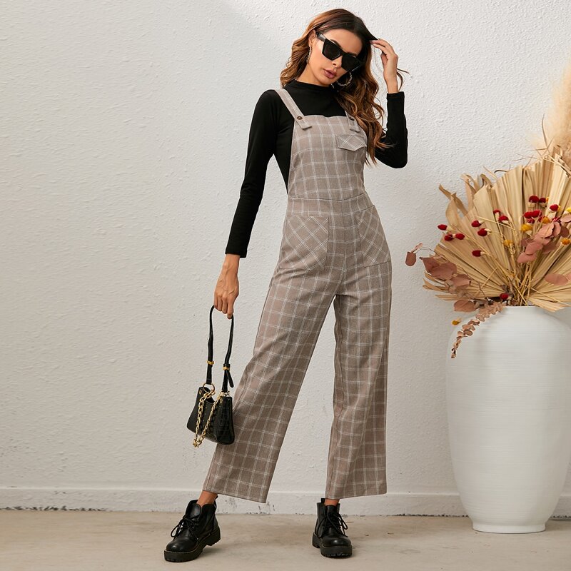 

Dual Pocket Patched Plaid Overall Jumpsuit, Mocha brown
