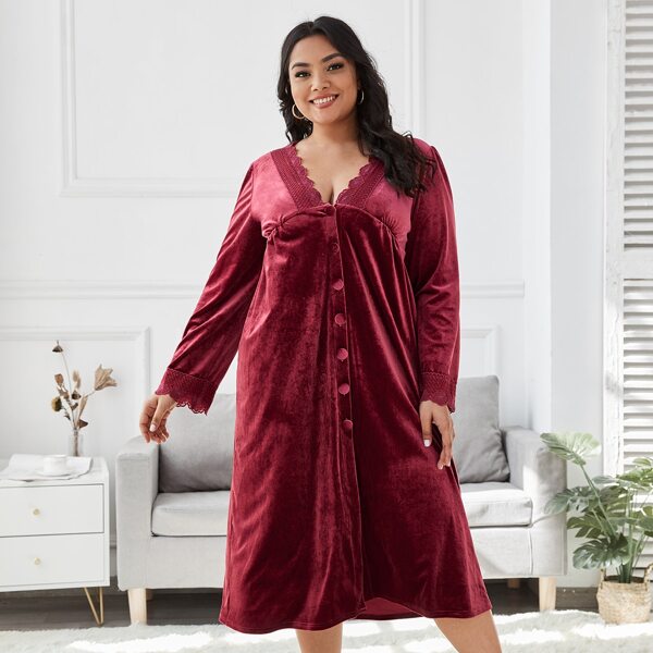 

Plus Plunging Neck Lace Trim Velvet Dress, Burgundy