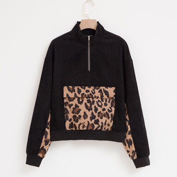 

Contrast Leopard Half Zip Sweatshirt, Black