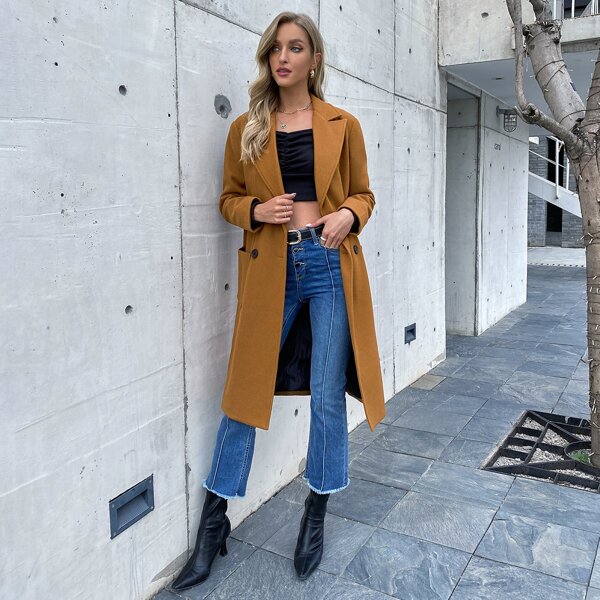 

Solid Double Breasted Pea Coat, Brown