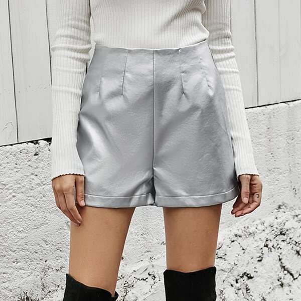 

Metallic Plicated Straight Leg Shorts, Silver