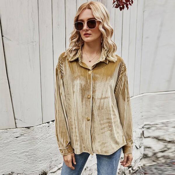 

Solid Drop Shoulder Button Up Ribbed Velvet Blouse, Mustard yellow
