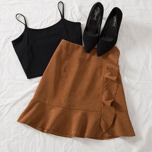 

Solid Ruffle Trim Corduroy Skirt, Brown