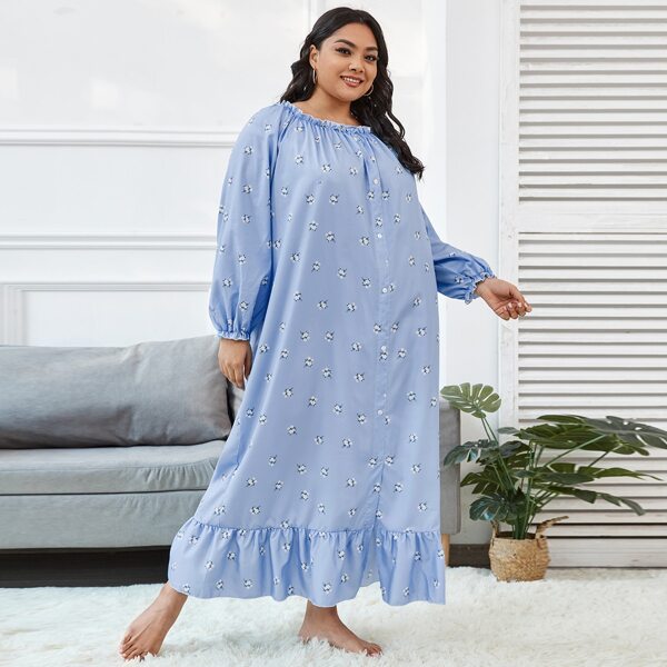 

Plus Floral Print Button Through Night Dress, Baby blue