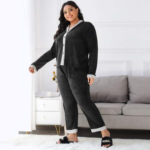 

Plus Contrast Binding Button Up PJ Set, Black