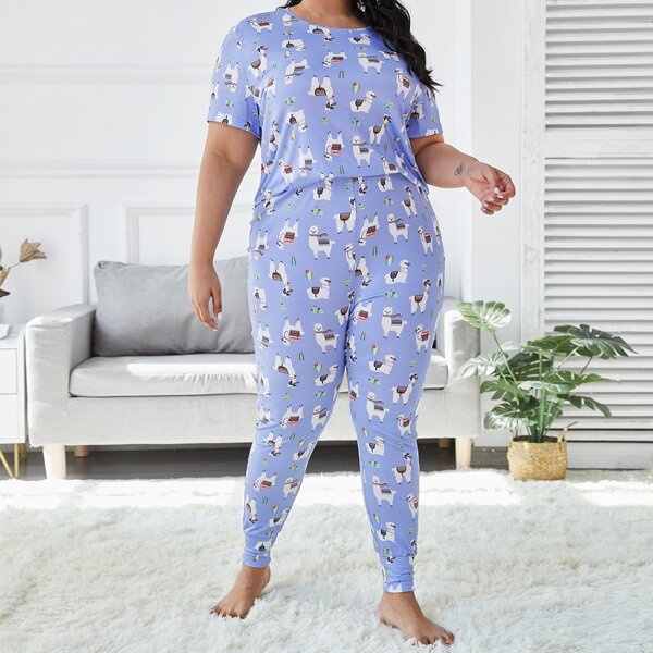 

Plus Allover Cartoon Graphic PJ Set, Blue
