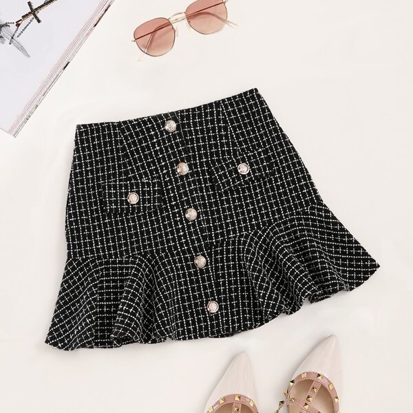 

Ruffle Hem Button Detail Tweed Mini Skirt, Black