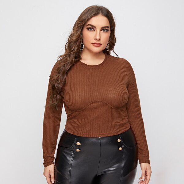 

Plus Solid Rib Knit Tee, Coffee brown