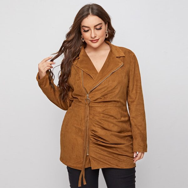 

Plus O-ring Zip Up Ruched Suede Coat, Brown
