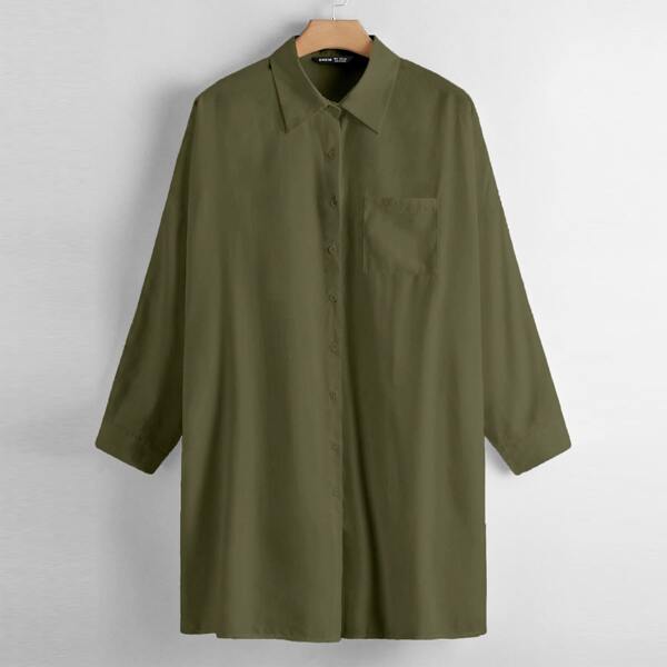 

Pocket Front Button Up Longline Blouse, Army green