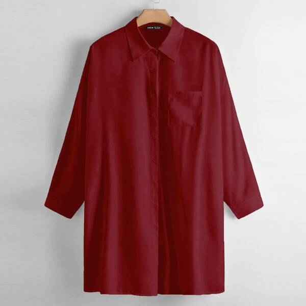 

Pocket Front Button Up Longline Blouse, Burgundy