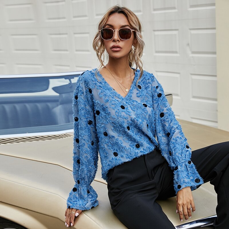 

Frayed Floral Polka Dot Blouse, Blue