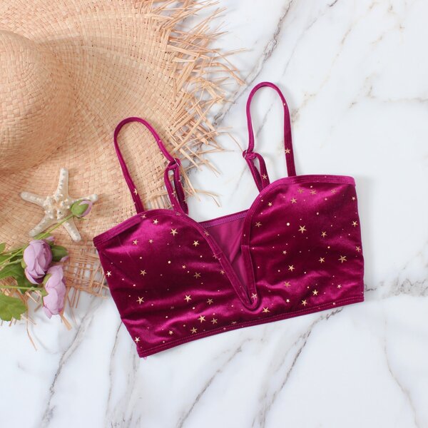 

Star Pattern Velvet Bikini Top, Burgundy