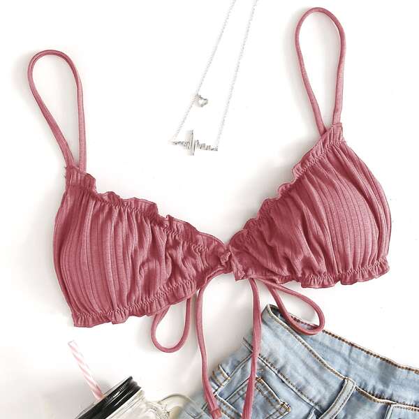 

Lettuce Trim Tie Front Bikini Top, Rusty rose