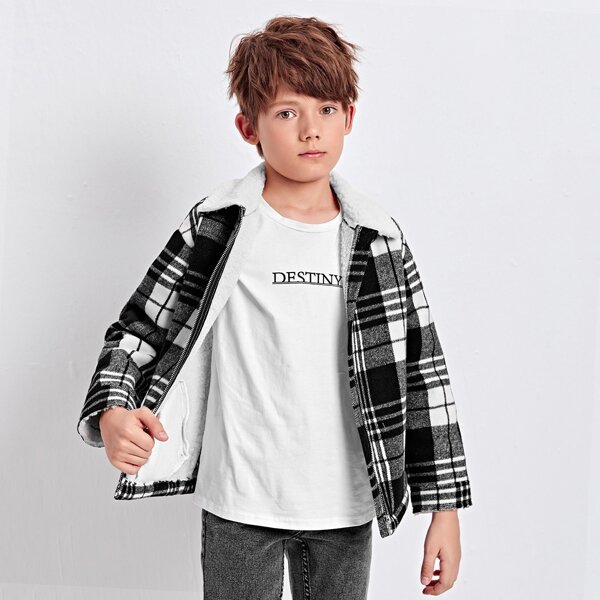 

Boys Tartan Faux Shearling Lining Coat, Black and white