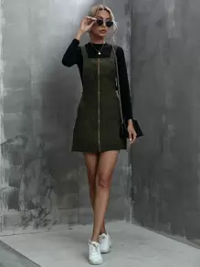 SHEIN LUNE Đầm Dây kéo màu trơn Sẵn sàng - xanh quân đội - Xem 4