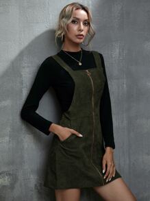 SHEIN LUNE Đầm Dây kéo màu trơn Sẵn sàng - xanh quân đội - Xem 6