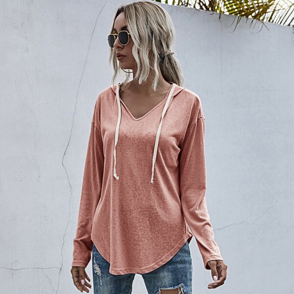 

Solid Drop Shoulder Drawstring Hoodie, Coral pink