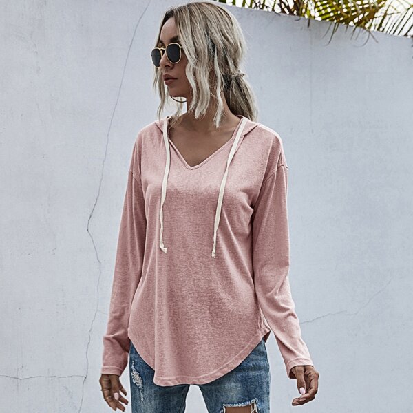 

Solid Drop Shoulder Drawstring Hoodie, Dusty pink