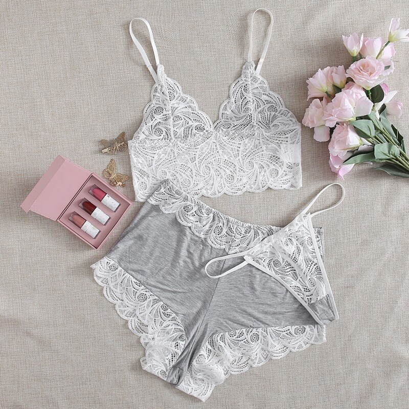 

3pack Lace Trim Lingerie Set, Grey