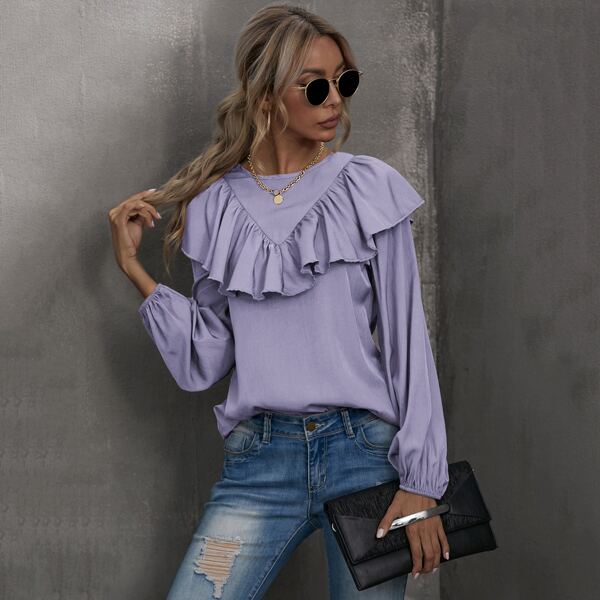 

Solid Ruffle Trim Keyhole Back Blouse, Lilac purple