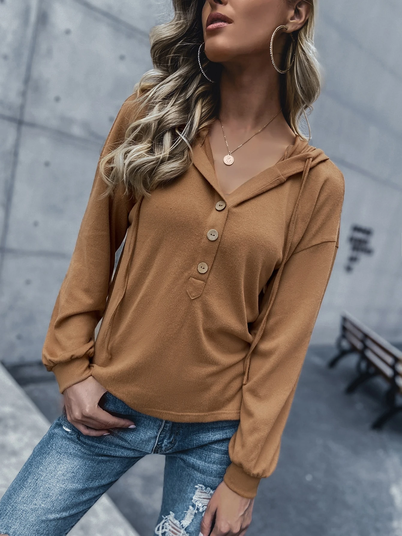 drawstring half button hooded sweater