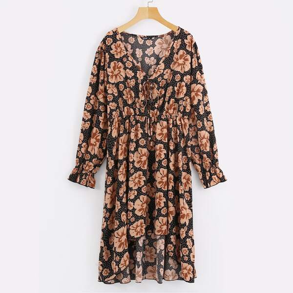 

Plus Allover Floral Dip Hem Knot Neck Dress, Multicolor
