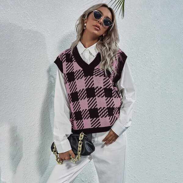 

V-neck Gingham Sweater Vest, Dusty pink