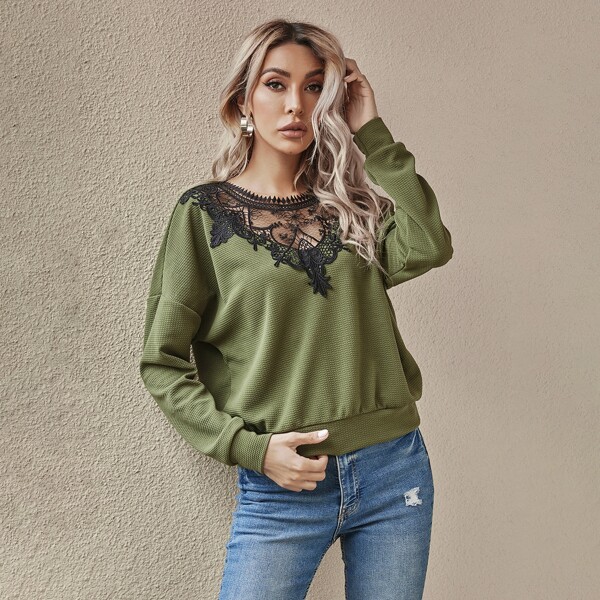 

Contrast Lace Drop Shoulder Sweatshirt, Army green