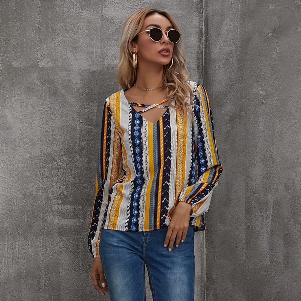 

Geo Striped Criss Cross Blouse, Multicolor