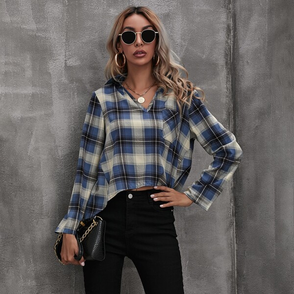 

Plaid Pocket Patched High Low Blouse, Multicolor