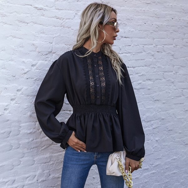 

Contrast Lace Shirred Waist Peplum Blouse, Black