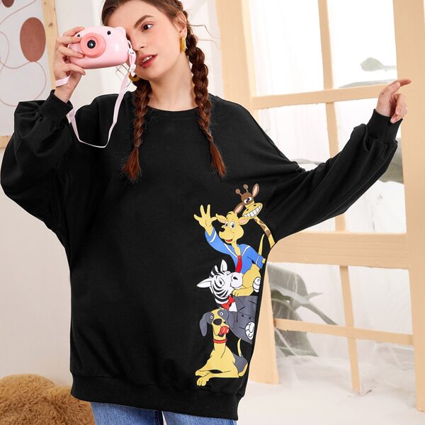 

Cartoon Print Drop Shoulder Sweatshirt, Black
