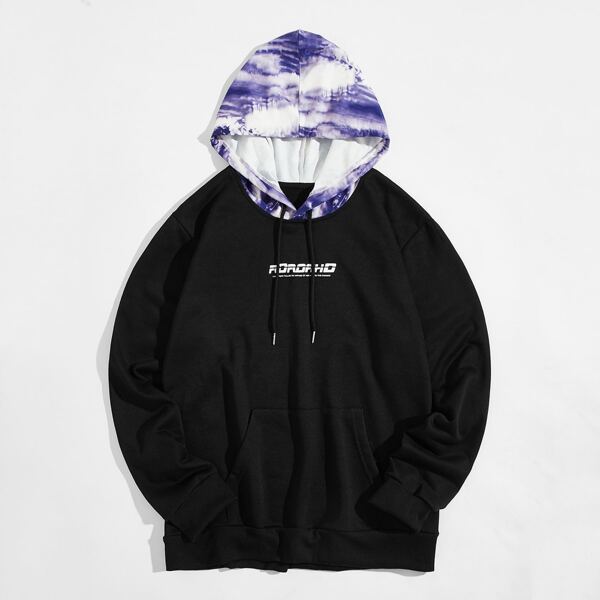 

Men Tie Dye Letter Graphic Drawstring Hoodie, Black