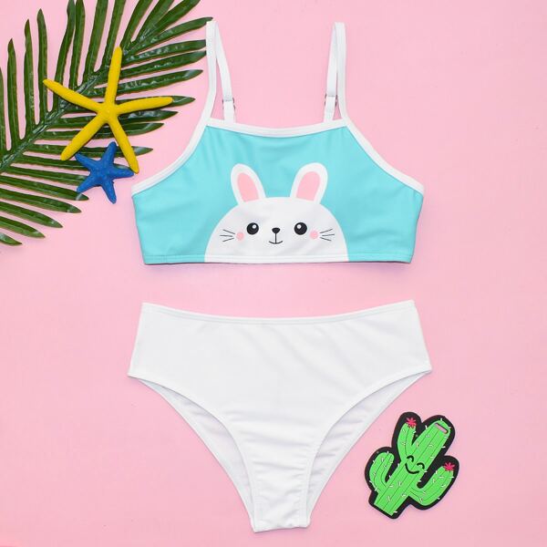 

Girls Cartoon Rabbit Bikini Swimsuit, Multicolor