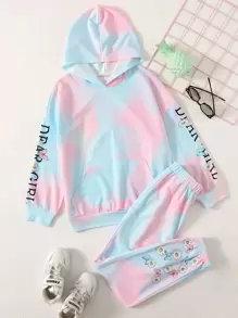 SHEIN Girls Ombre Letter Graphic Hoodie & Joggers Set - Multicolor - View 1