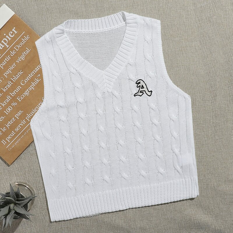 

Embroidered Letter Cable Knit Sweater Vest, White