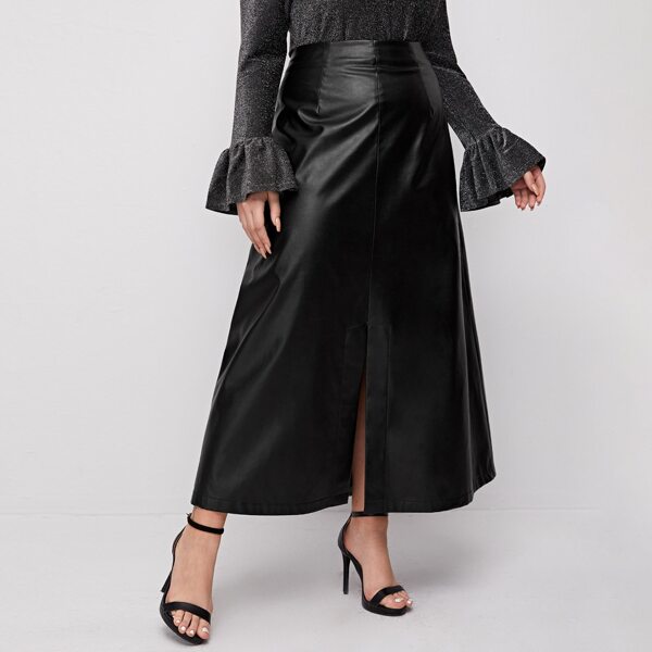 

Plus Split Front PU Leather A-line Skirt, Black