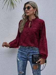 Camisa rota con fruncido de cuello con cordón - Burdeos - Ver 5