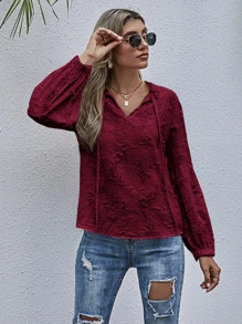 Camisa rota con fruncido de cuello con cordón - Burdeos - Ver 7