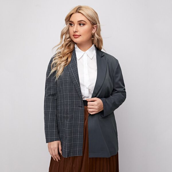 

Plus Contrast Plaid Lapel Neck Blazer, Dark grey