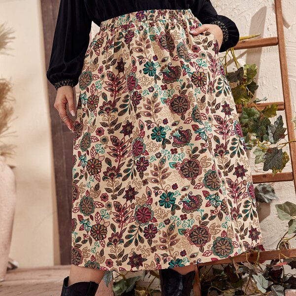 

Plus Floral Print A-line Skirt, Multicolor