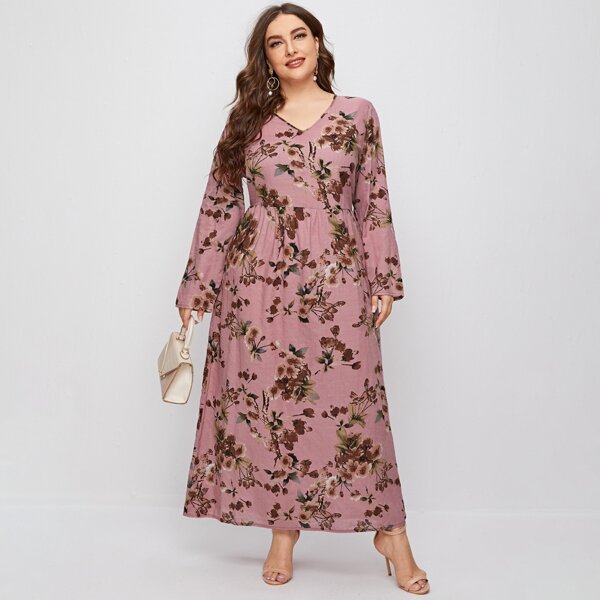 

Plus Floral Print V-neck Smock Dress, Dusty pink