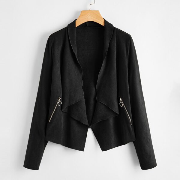 

Waterfall Collar Slant Pocket Suede Jacket, Black